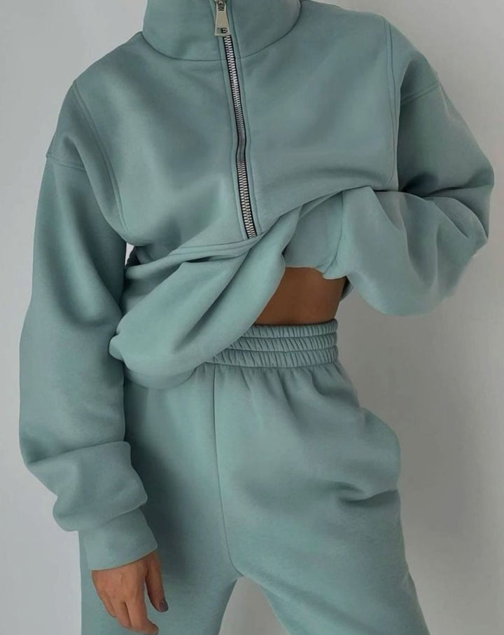 Damen Cropped Halfzip-Sweatshirt und Jogginghose-Set