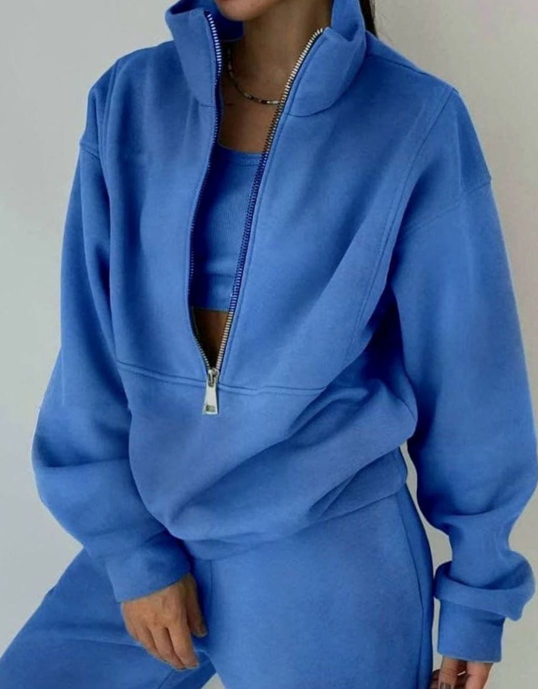 Damen Cropped Halfzip-Sweatshirt und Jogginghose-Set - Blau