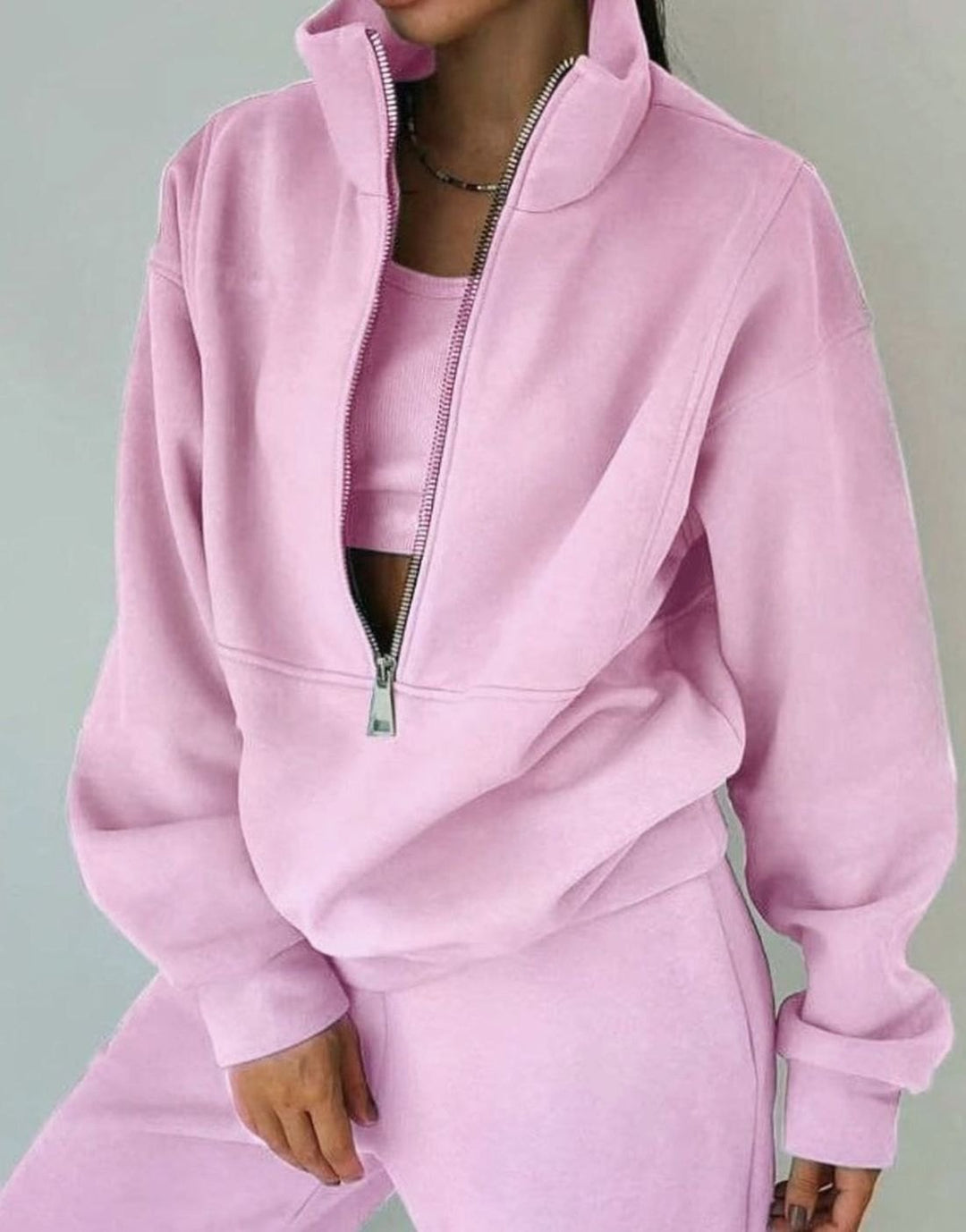 Damen Cropped Halfzip-Sweatshirt und Jogginghose-Set - Rosa