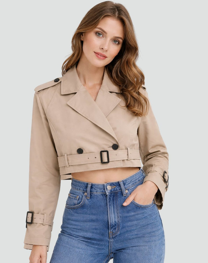 Damen Cropped Trench Coat zweireihig mit Gürtel - Khaki