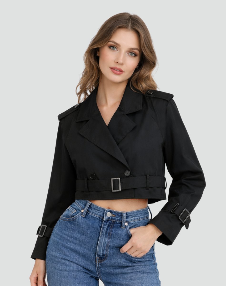 Damen Cropped Trench Coat zweireihig mit Gürtel