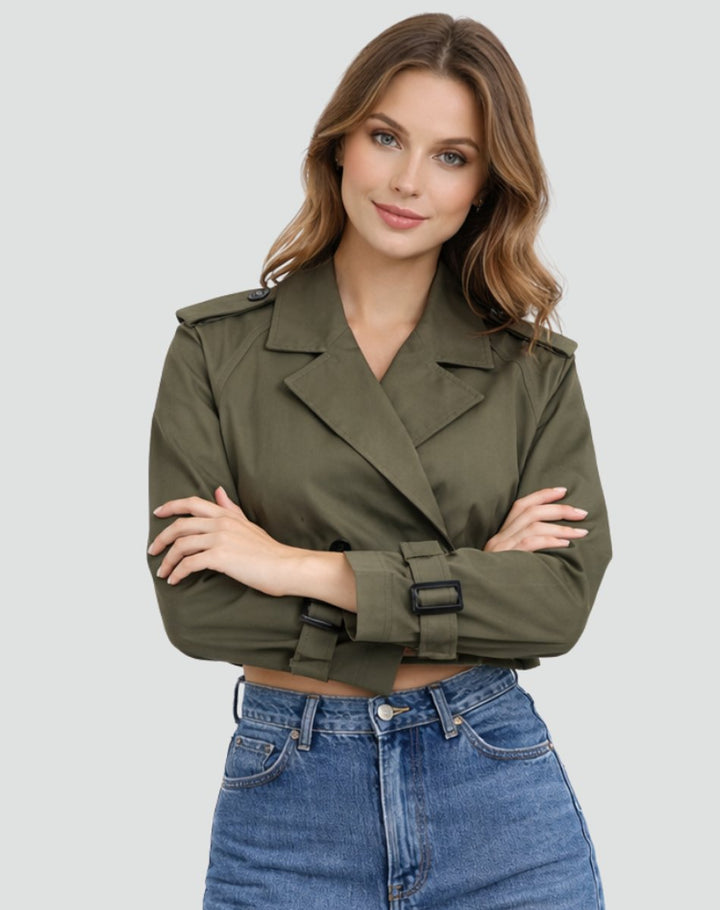 Damen Cropped Trench Coat zweireihig mit Gürtel - Armeegrün