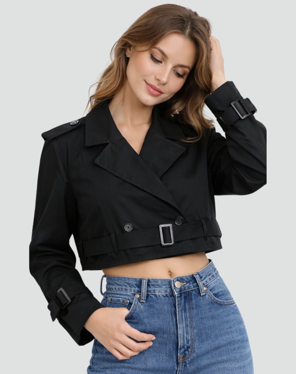 Damen Cropped Trench Coat zweireihig mit Gürtel - Schwarz