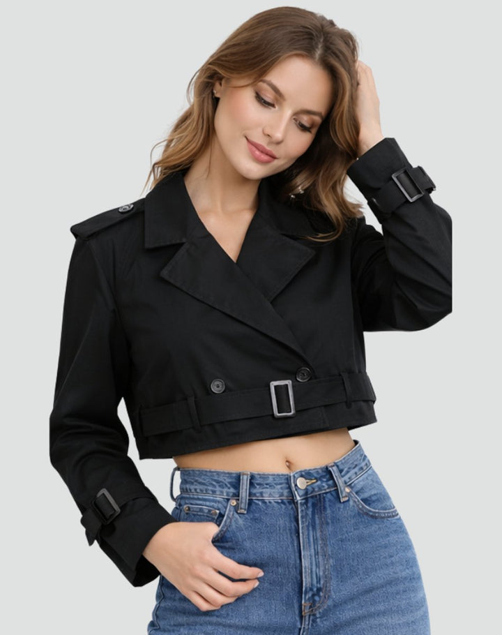 Damen Cropped Trench Coat zweireihig mit Gürtel - Schwarz