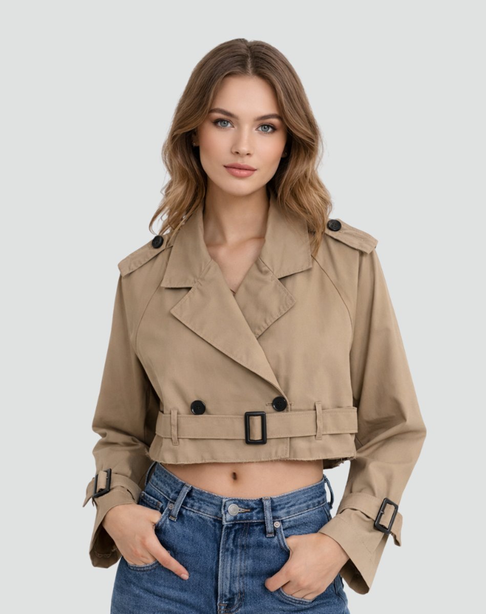 Damen Cropped Trench Coat zweireihig mit Gürtel - Braun
