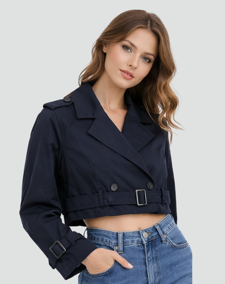 Damen Cropped Trench Coat zweireihig mit Gürtel - Marineblau
