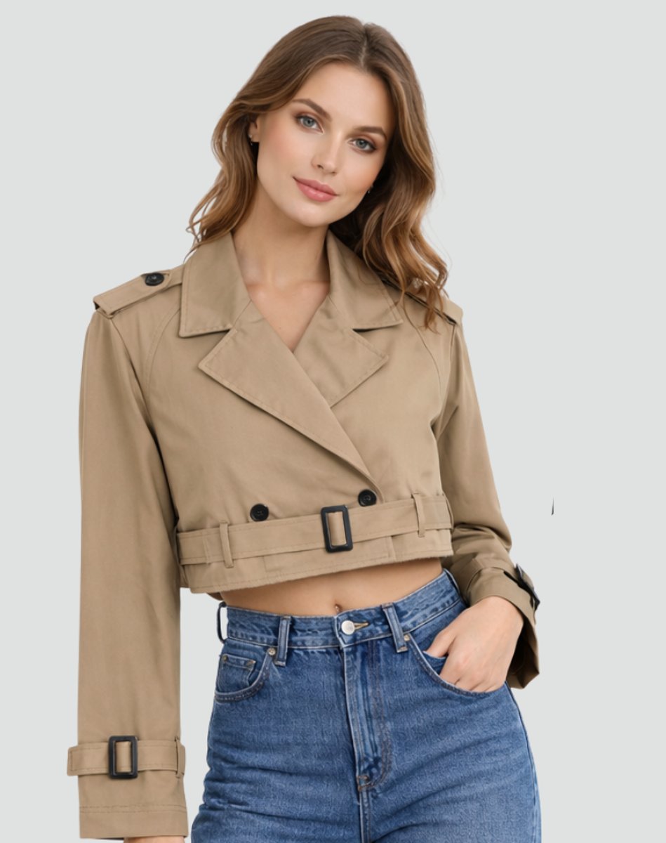 Damen Cropped Trench Coat zweireihig mit Gürtel