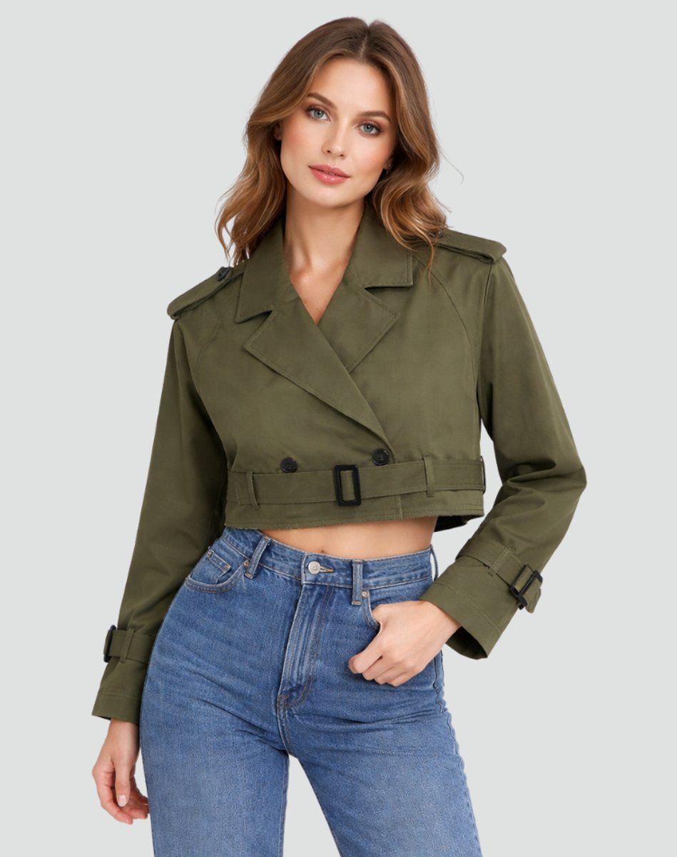 Damen Cropped Trench Coat zweireihig mit Gürtel