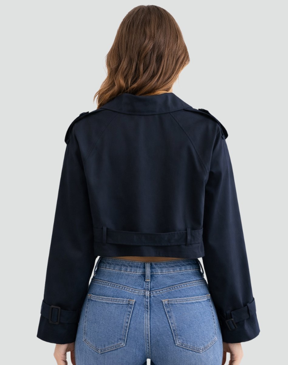 Damen Cropped Trench Coat zweireihig mit Gürtel