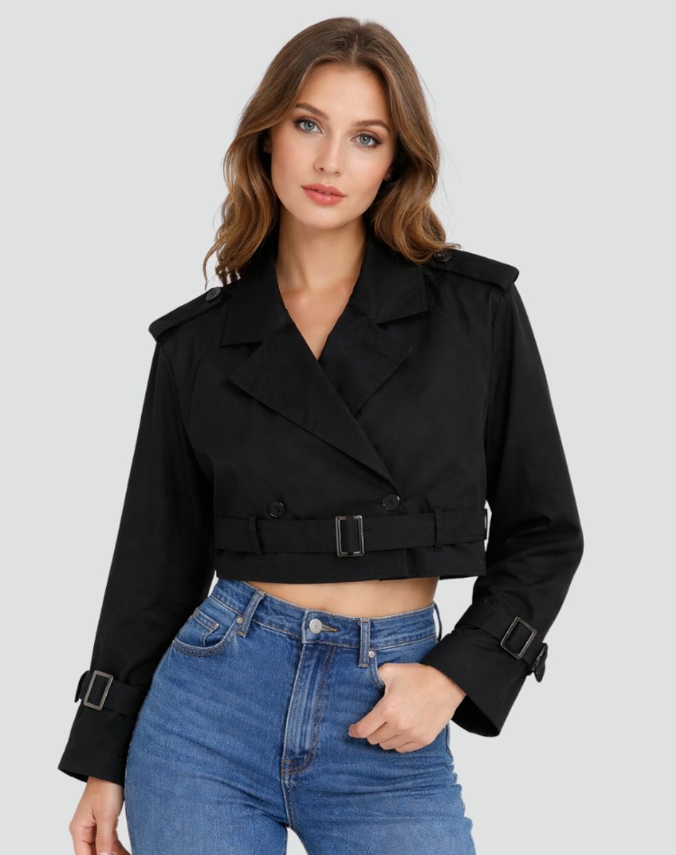 Damen Cropped Trench Coat zweireihig mit Gürtel