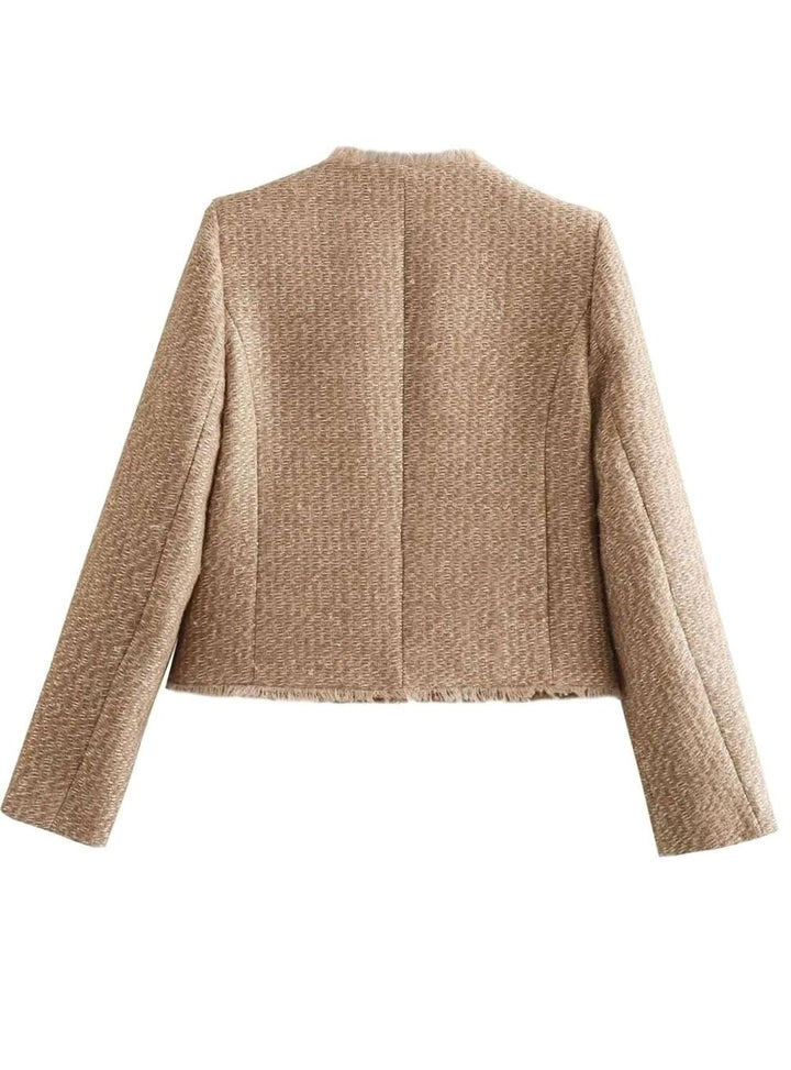 Damen Cropped Tweed-Jacke mit Knopfleiste Rundhalsausschnitt
