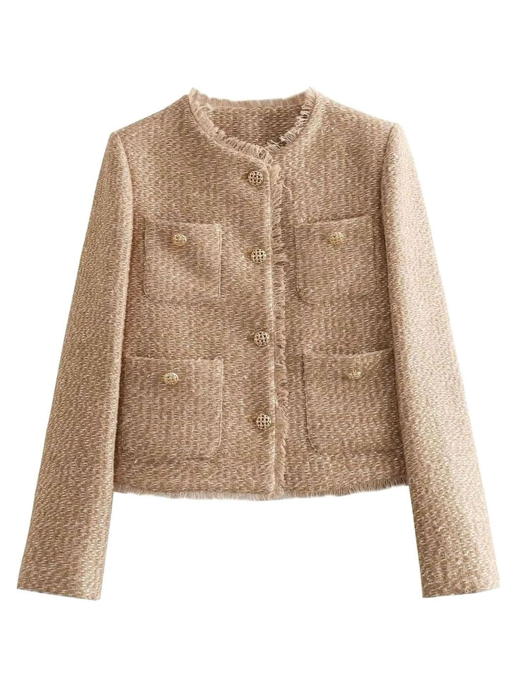 Damen Cropped Tweed-Jacke mit Knopfleiste Rundhalsausschnitt