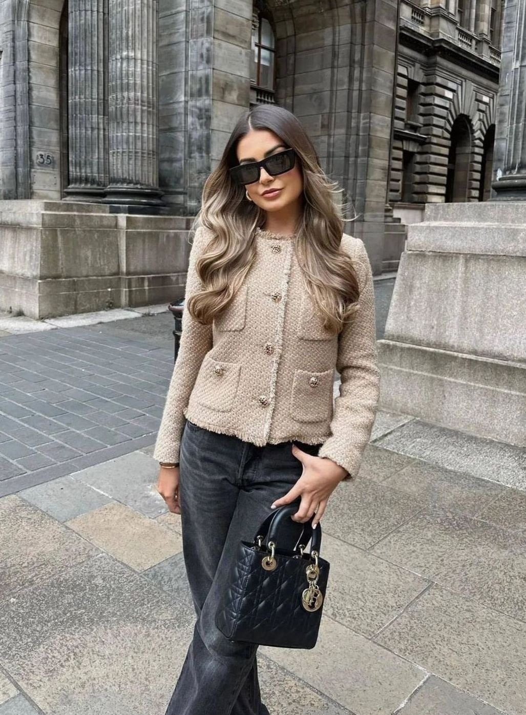 Damen Cropped Tweed-Jacke mit Knopfleiste Rundhalsausschnitt