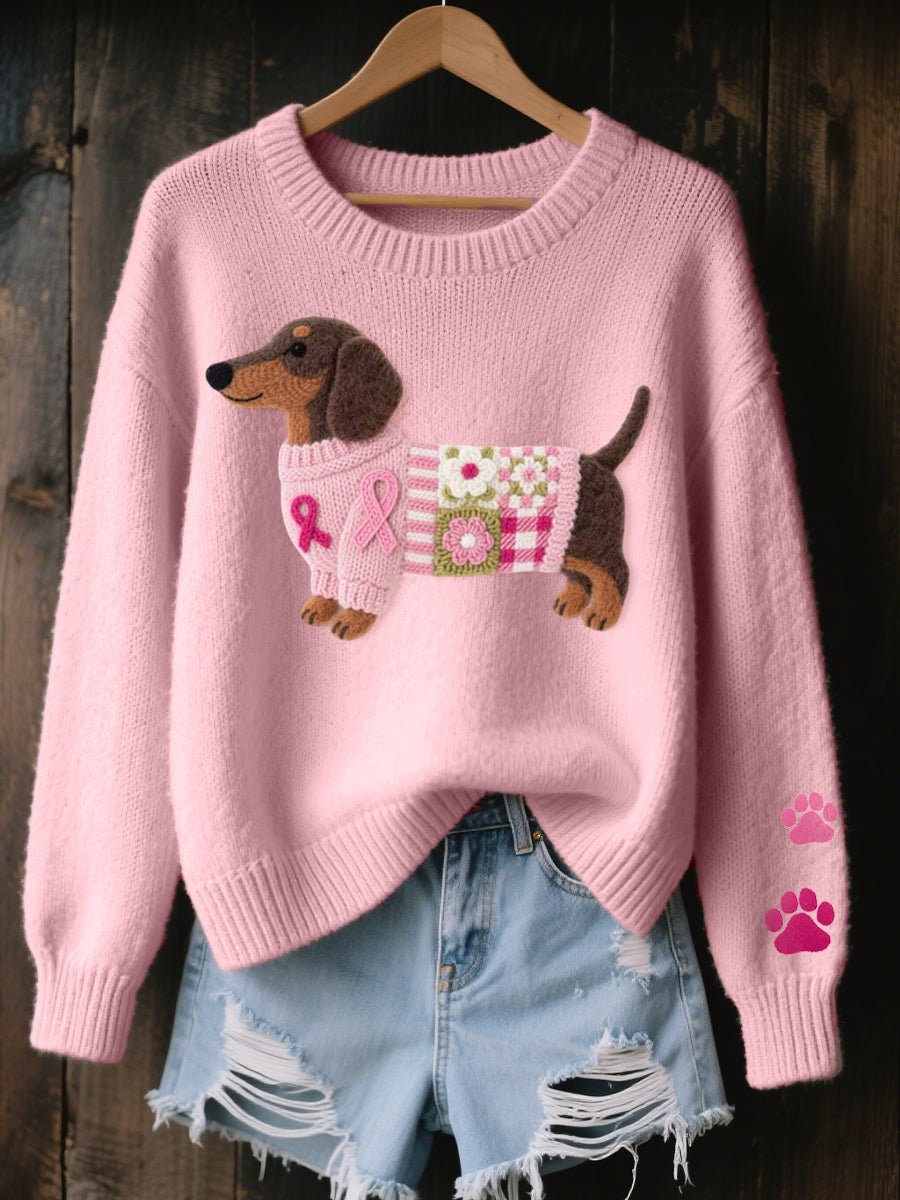 Damen Dackel Patchwork Knit Sweater mit Pfotenabdruck-Detail - Rosa