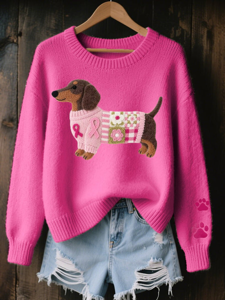 Damen Dackel Patchwork Knit Sweater mit Pfotenabdruck-Detail - Dunkelrosa