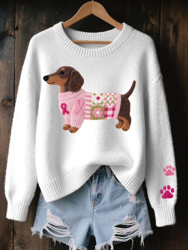 Damen Dackel Patchwork Knit Sweater mit Pfotenabdruck-Detail - Weiß