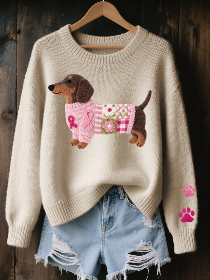 Damen Dackel Patchwork Knit Sweater mit Pfotenabdruck-Detail - Beige