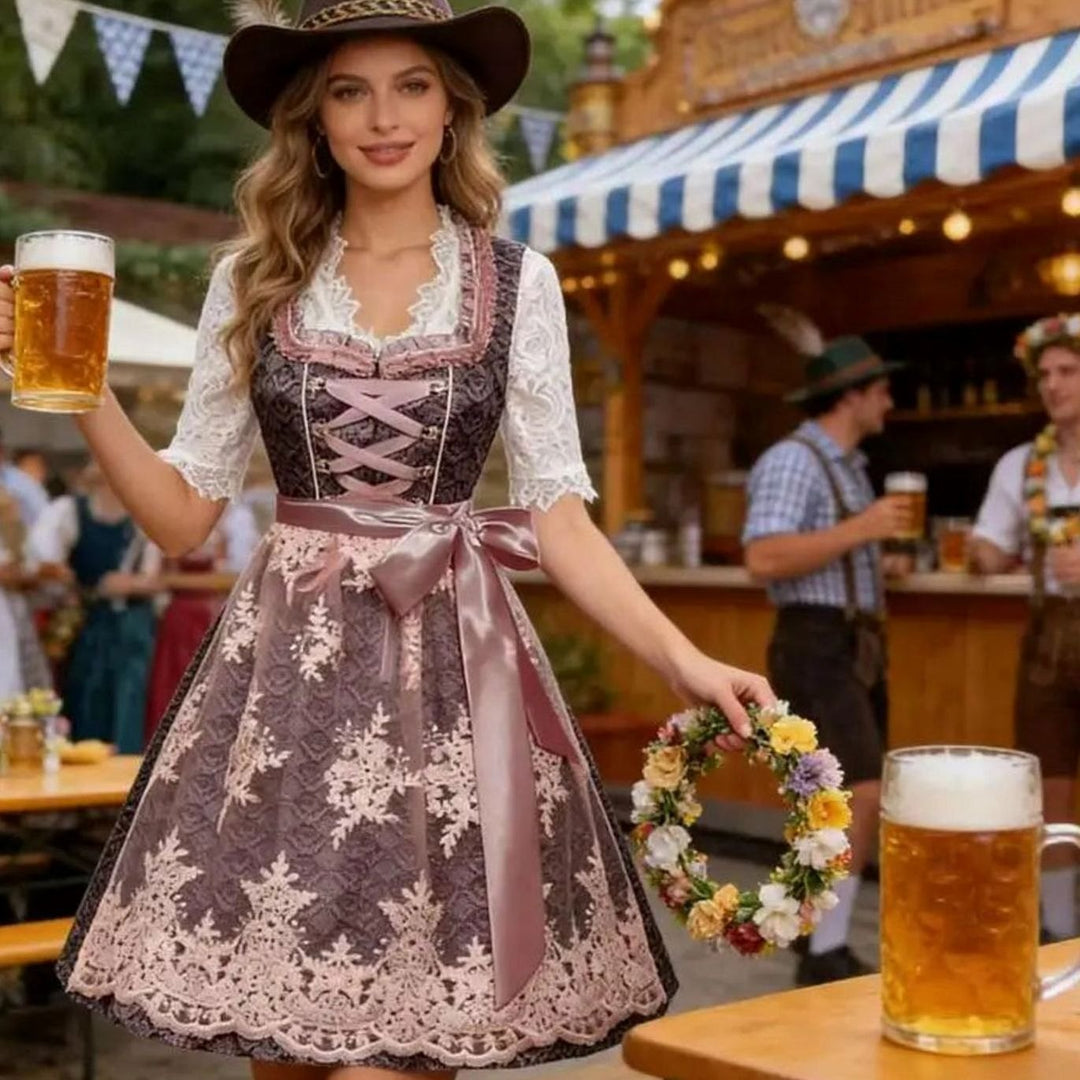 Damen Dirndl 3-teilig Spitzen-Trachtenkleid Oktoberfest Midi