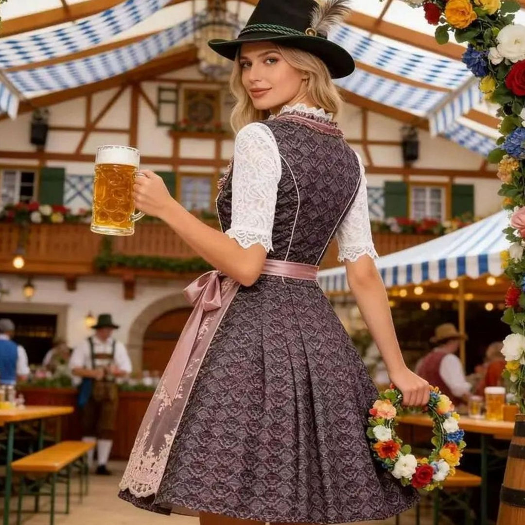 Damen Dirndl 3-teilig Spitzen-Trachtenkleid Oktoberfest Midi