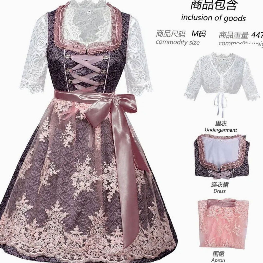 Damen Dirndl 3-teilig Spitzen-Trachtenkleid Oktoberfest Midi