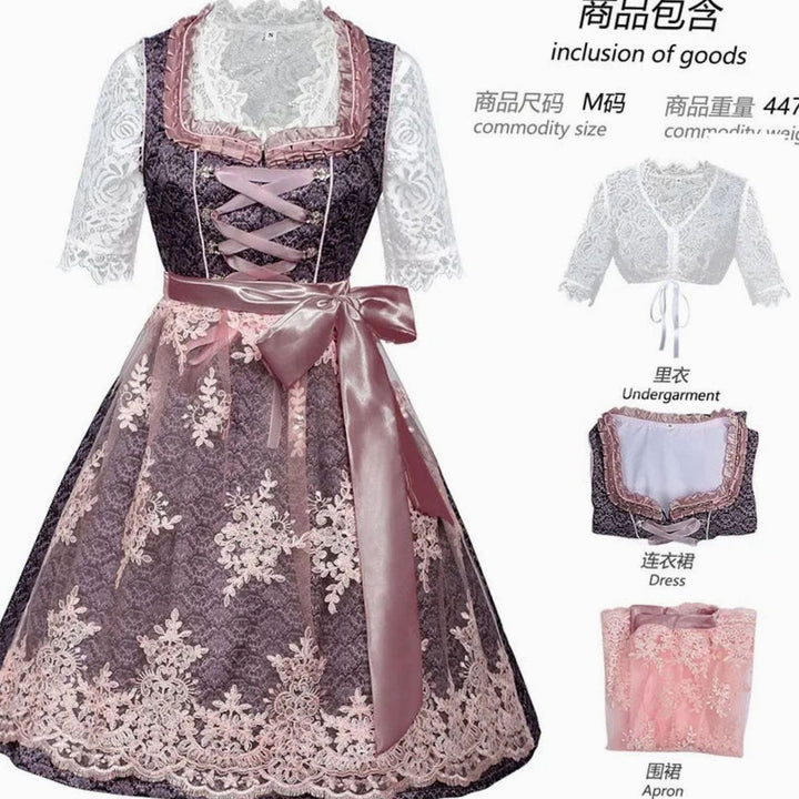 Damen Dirndl 3-teilig Spitzen-Trachtenkleid Oktoberfest Midi