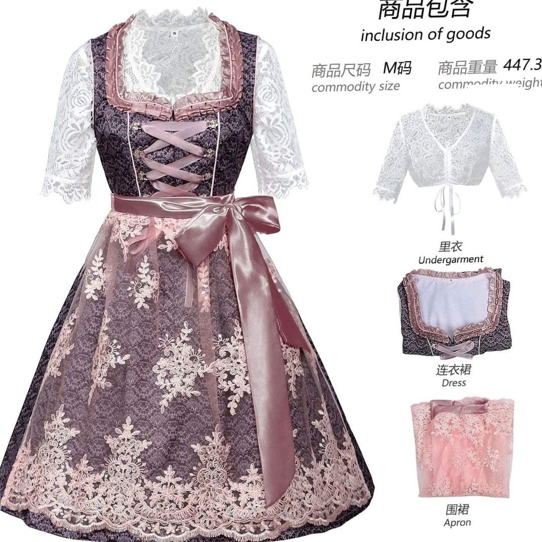 Damen Dirndl 3-teilig Spitzen-Trachtenkleid Oktoberfest Midi - Grau-Rosa