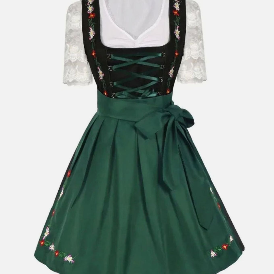 Damen Dirndl 3-teiliges Set mit Blumenstickerei Spitzenbluse Schürze