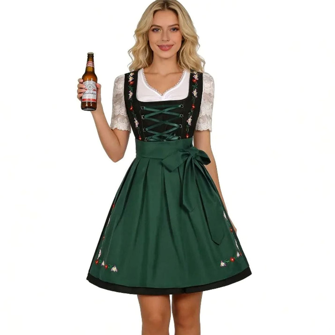 Damen Dirndl 3-teiliges Set mit Blumenstickerei Spitzenbluse Schürze