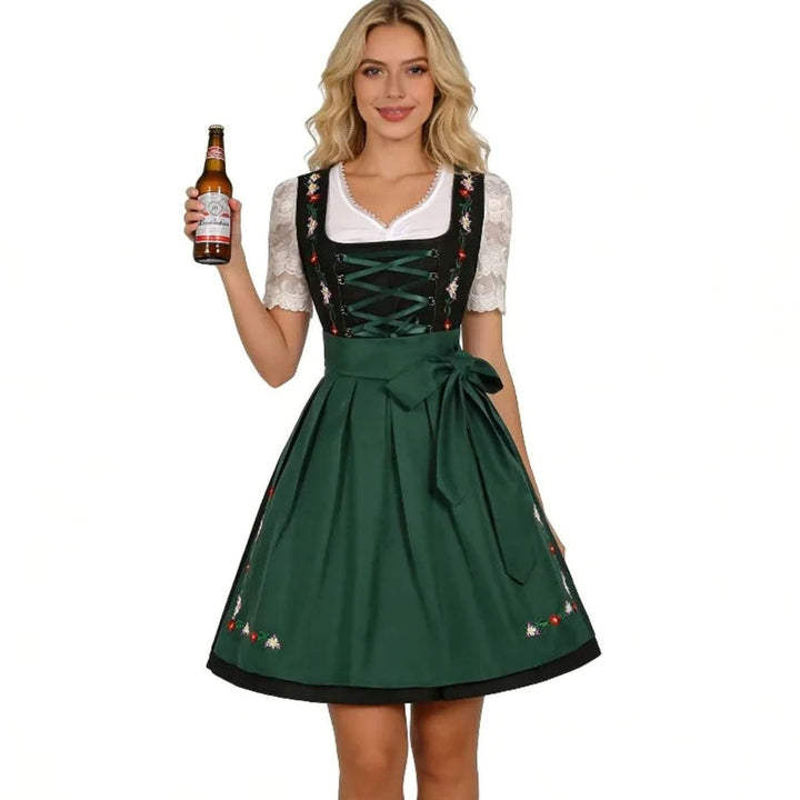 Damen Dirndl 3-teiliges Set mit Blumenstickerei Spitzenbluse Schürze