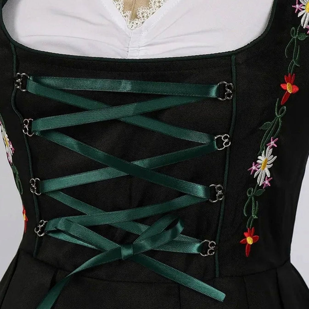 Damen Dirndl 3-teiliges Set mit Blumenstickerei Spitzenbluse Schürze