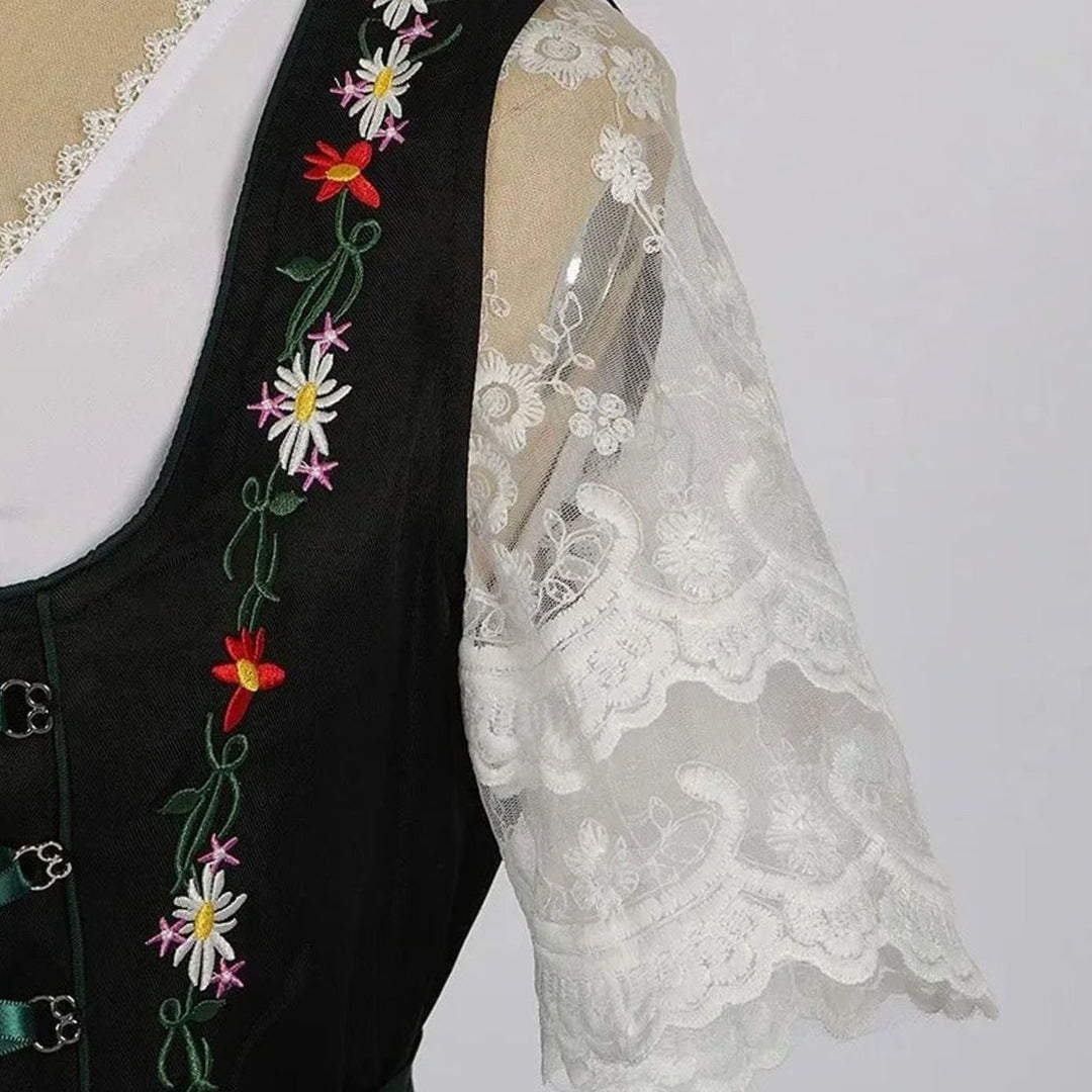 Damen Dirndl 3-teiliges Set mit Blumenstickerei Spitzenbluse Schürze