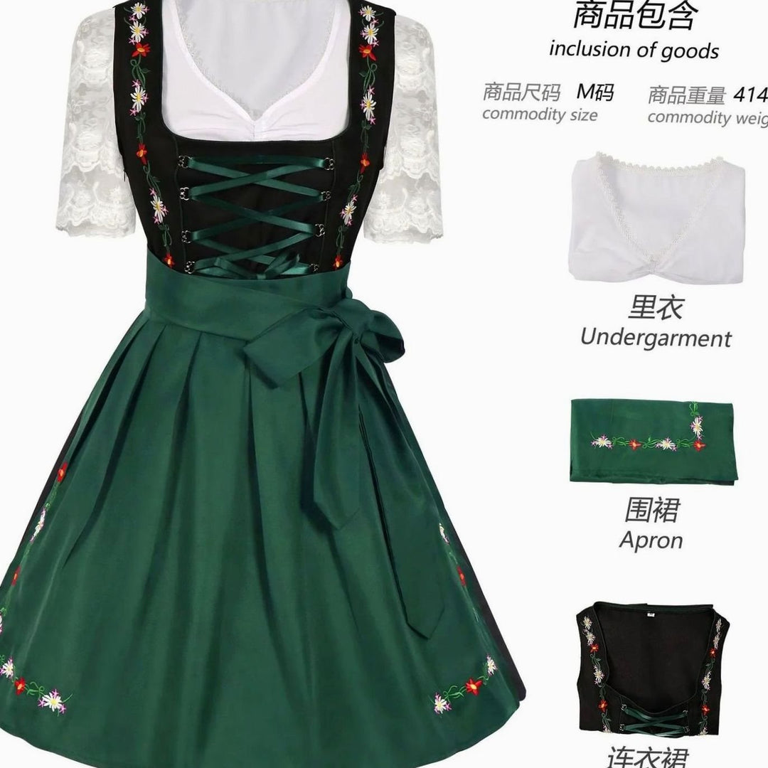 Damen Dirndl 3-teiliges Set mit Blumenstickerei Spitzenbluse Schürze