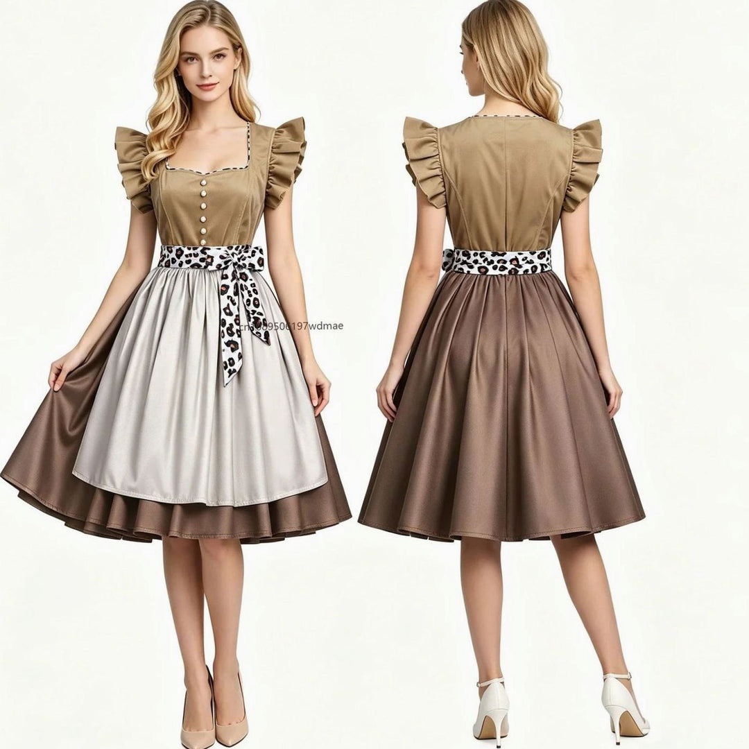 Damen Dirndl-Kleid mit Rüschenärmeln Leopardenband Schürze Knielang