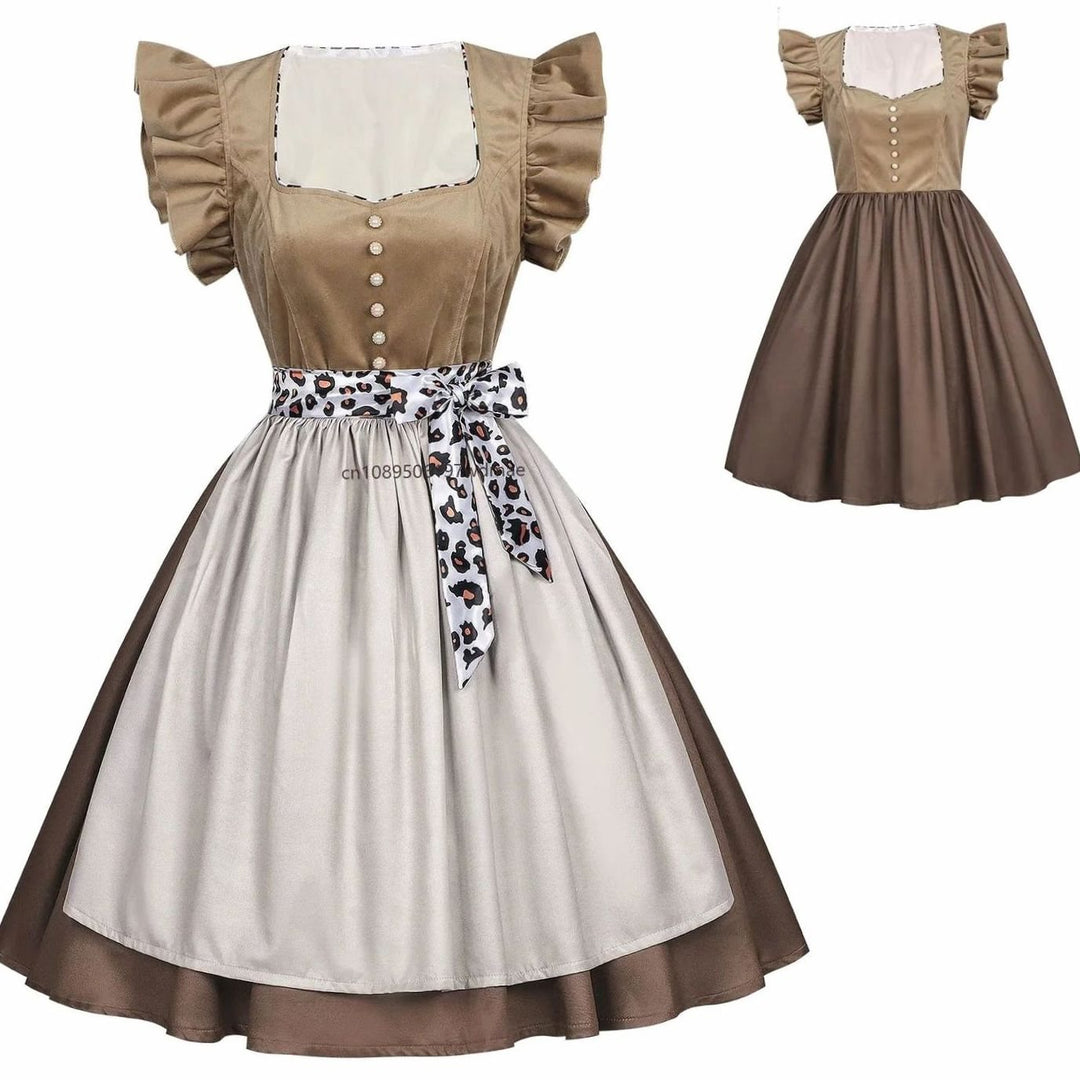 Damen Dirndl-Kleid mit Rüschenärmeln Leopardenband Schürze Knielang