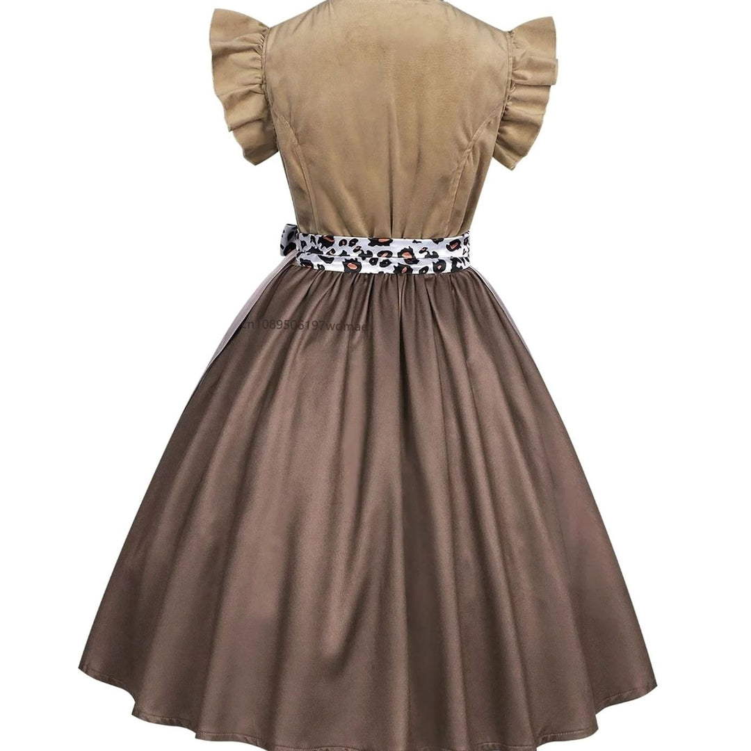Damen Dirndl-Kleid mit Rüschenärmeln Leopardenband Schürze Knielang