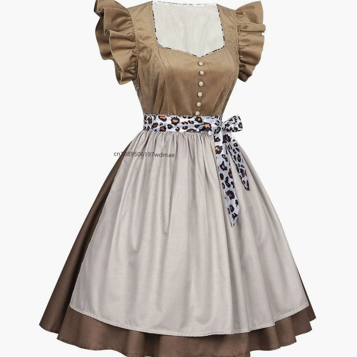 Damen Dirndl-Kleid mit Rüschenärmeln Leopardenband Schürze Knielang