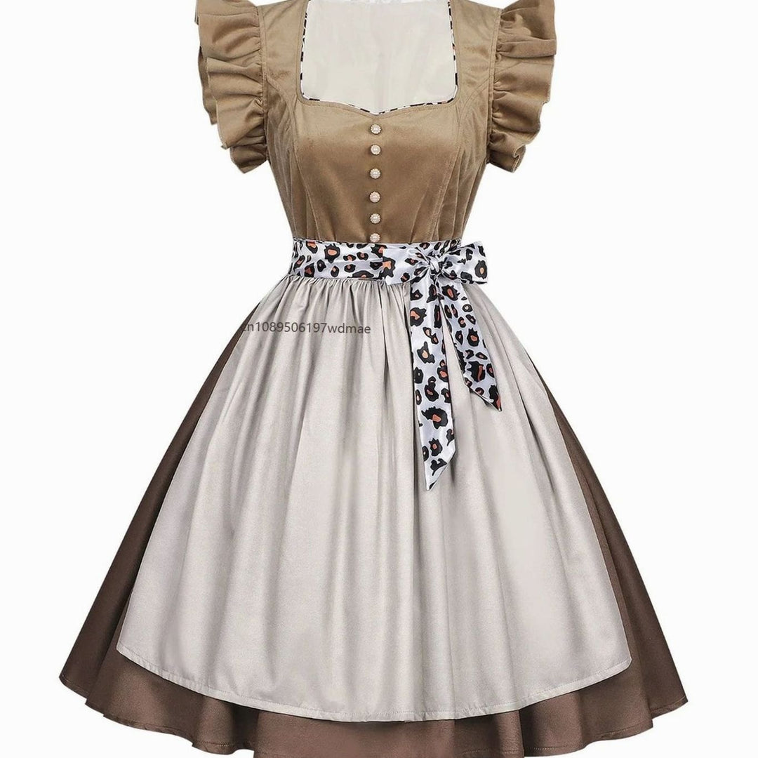 Damen Dirndl-Kleid mit Rüschenärmeln Leopardenband Schürze Knielang