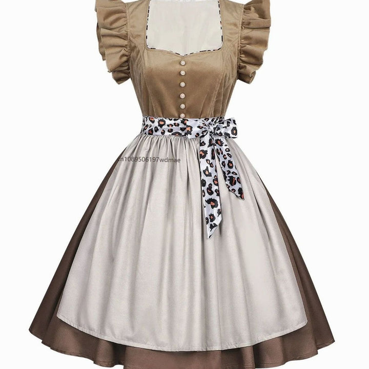 Damen Dirndl-Kleid mit Rüschenärmeln Leopardenband Schürze Knielang