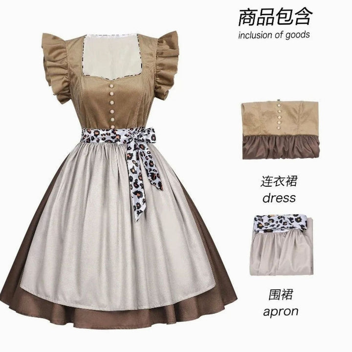 Damen Dirndl-Kleid mit Rüschenärmeln Leopardenband Schürze Knielang - Braun Beige