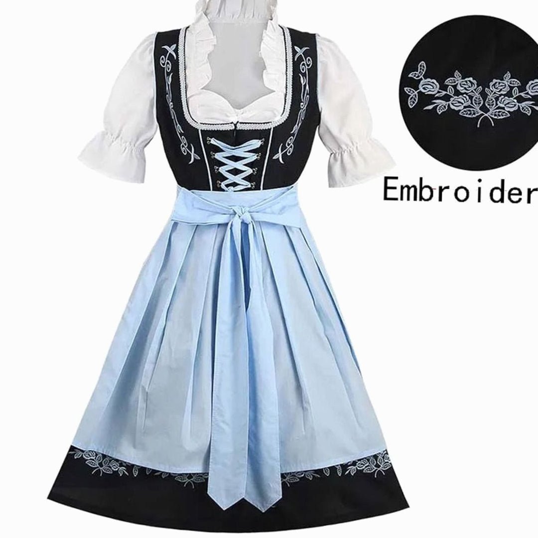 Damen Dirndl Trachtenkleid Schwarz Blau mit Blumenstickerei und Schürze