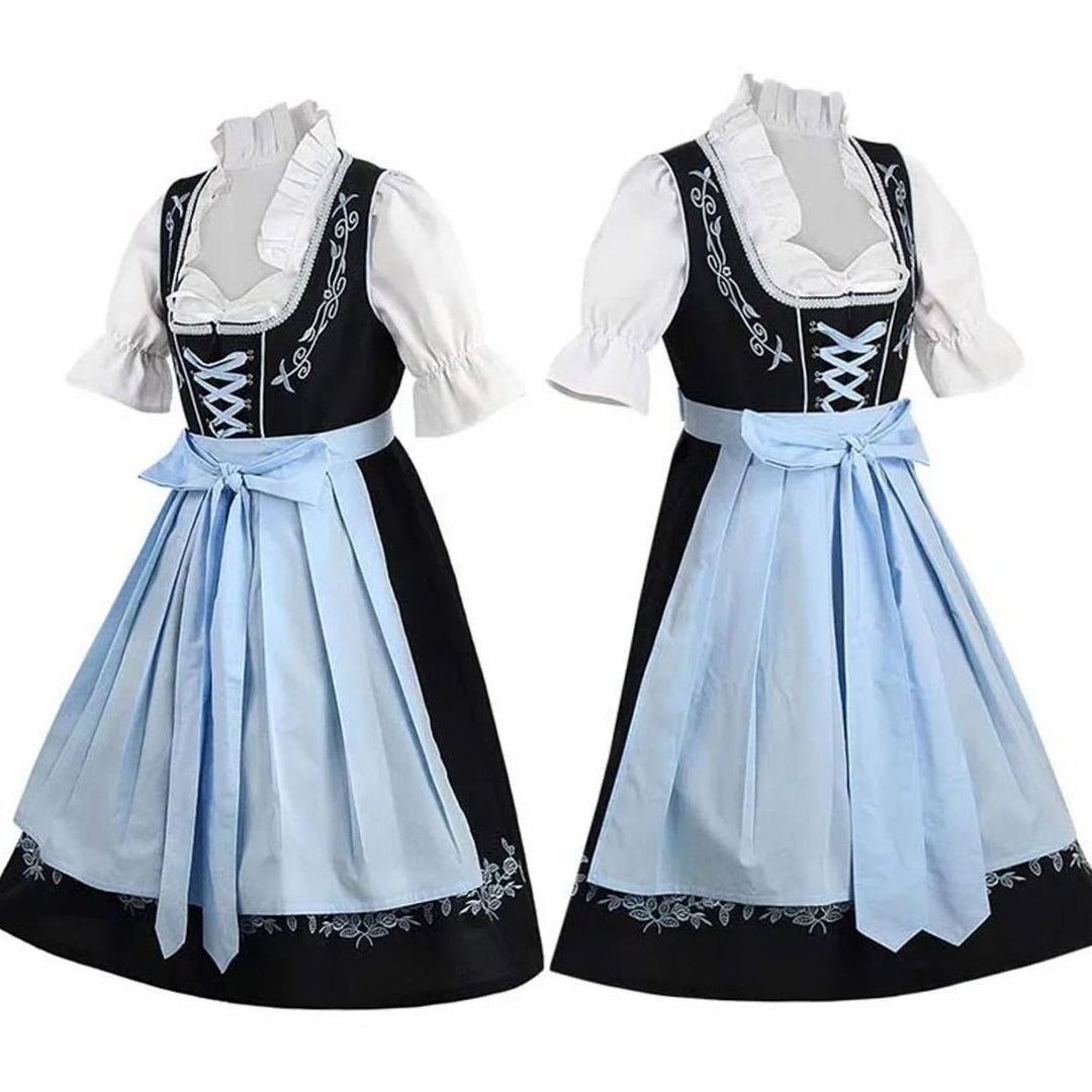 Damen Dirndl Trachtenkleid Schwarz Blau mit Blumenstickerei und Schürze