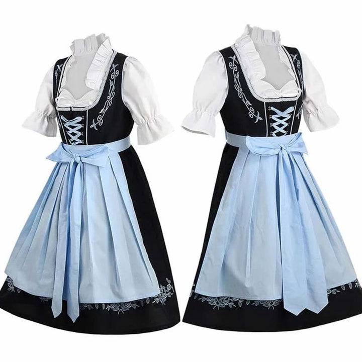 Damen Dirndl Trachtenkleid Schwarz Blau mit Blumenstickerei und Schürze