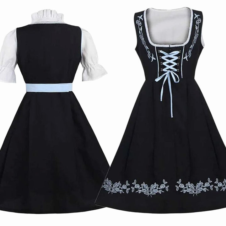 Damen Dirndl Trachtenkleid Schwarz Blau mit Blumenstickerei und Schürze