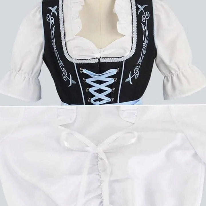 Damen Dirndl Trachtenkleid Schwarz Blau mit Blumenstickerei und Schürze