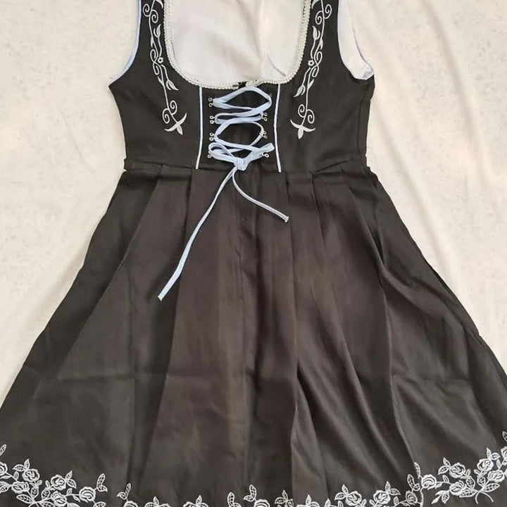Damen Dirndl Trachtenkleid Schwarz Blau mit Blumenstickerei und Schürze