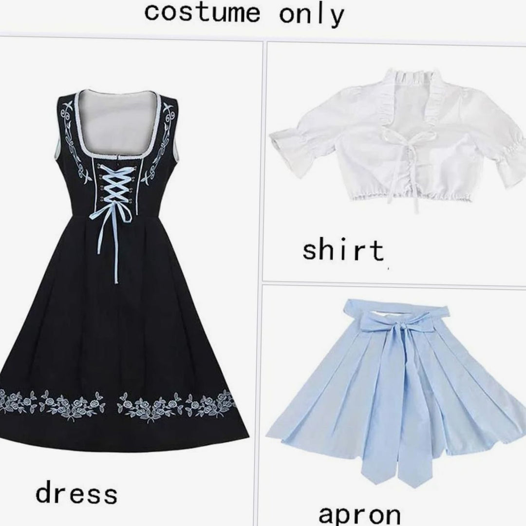 Damen Dirndl Trachtenkleid Schwarz Blau mit Blumenstickerei und Schürze - Schwarz Blau