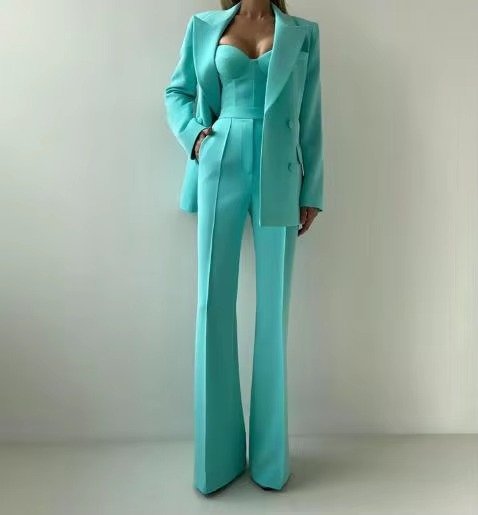 Damen Dreiteiler Blazer-Set mit Korsett-Top und Schlaghosen - Green