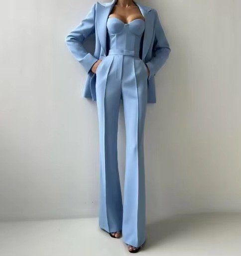 Damen Dreiteiler Blazer-Set mit Korsett-Top und Schlaghosen - Blue