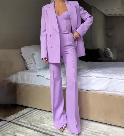Damen Dreiteiler Blazer-Set mit Korsett-Top und Schlaghosen - Purple