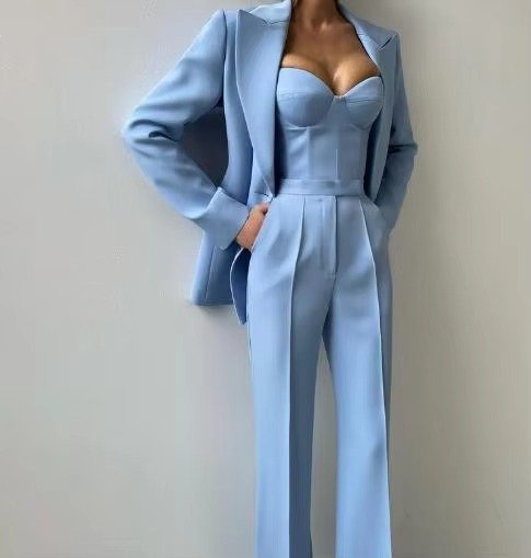 Damen Dreiteiler Blazer-Set mit Korsett-Top und Schlaghosen